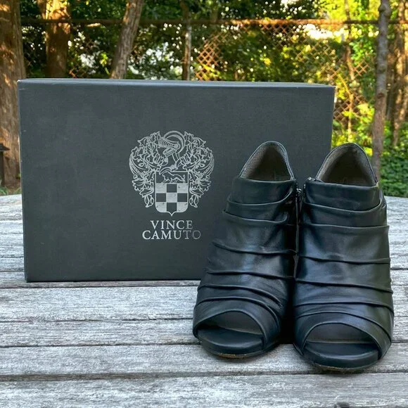 ✨Black Leather Peep-Toe Wedge Ankle Booties - Size 6M - Picture 2 of 14